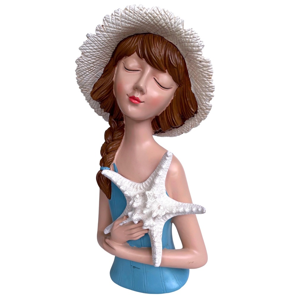 Large Coastal Girl Figurine 13" Starfish Beach Lady Sun Hat Blue Dress Decor
